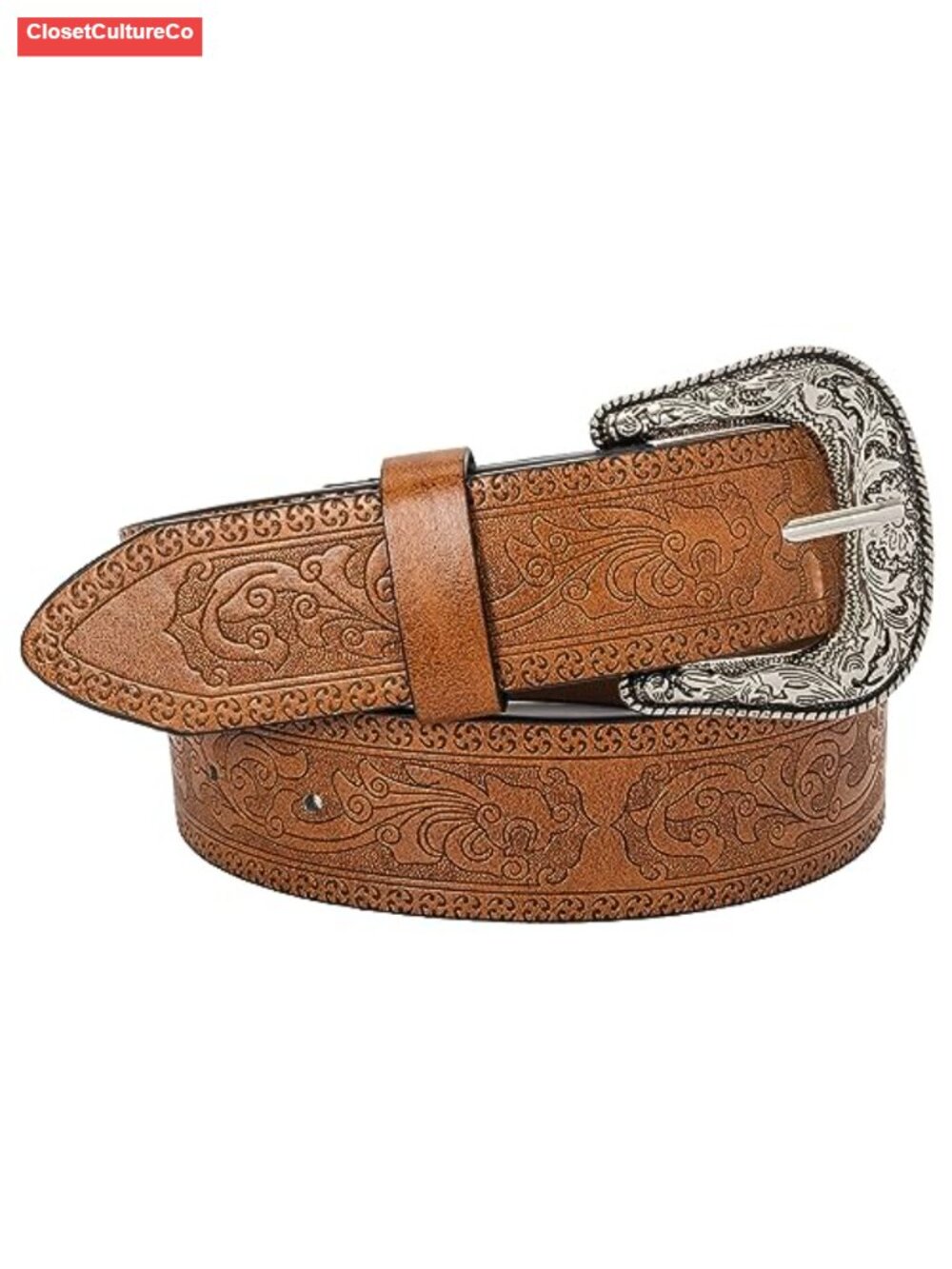 PU Leather Belt with Floral Buckle for Jeans and Casual Outfits